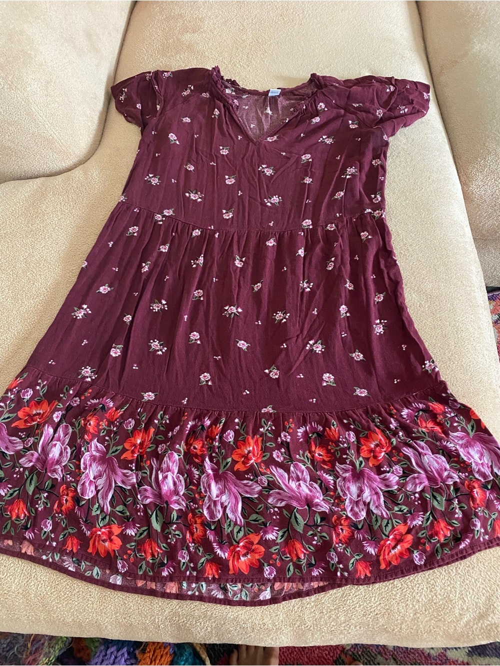Old Navy Burgundy Floral Mini Dress with Pink & Red Accents